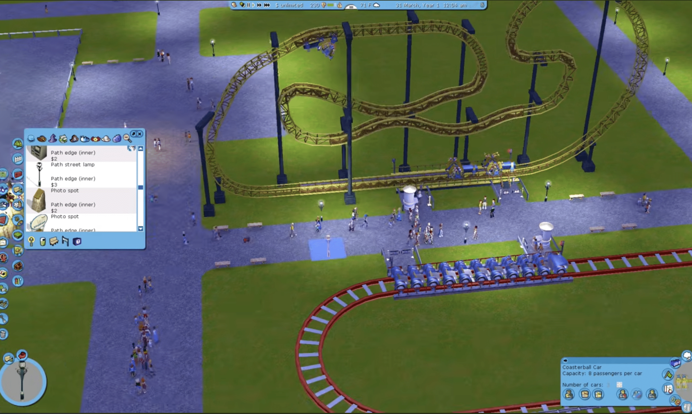 RollerCoaster Tycoon 3 med to berg- og dalbaner, besøkende i fornøyelsesparken og spillets meny for å bygge stier og dekorasjoner.