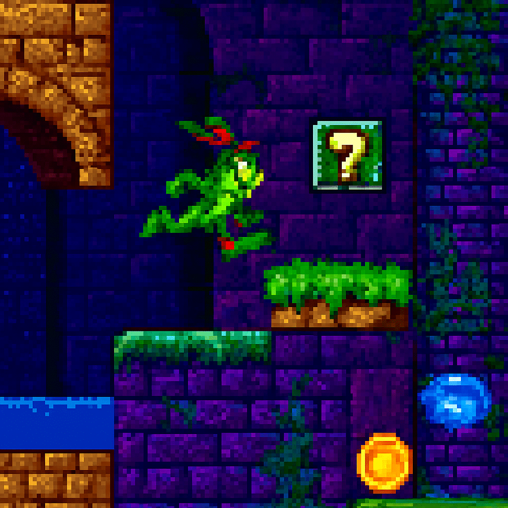 Pixelkonstscen från ett klassiskt 2D-plattformsspel, där en grön kaninfigur är mitt i ett hopp i en medeltida värld med lila tegelväggar, gräsbeklädda plattformar, guldmynt och ett frågetecken-ikon på väggen.