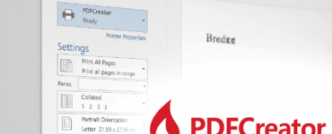 Printdialog i Windows med PDFCreator valgt som printer, samt delvist synligt Word-dokument og PDFCreator-logo i hjørnet.