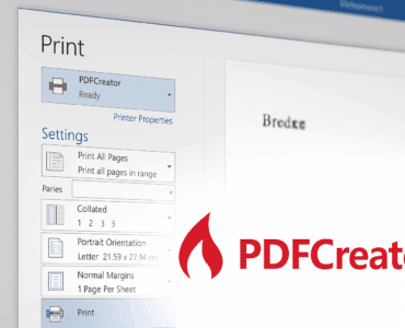 Printdialog i Windows med PDFCreator valgt som printer, samt delvist synligt Word-dokument og PDFCreator-logo i hjørnet.