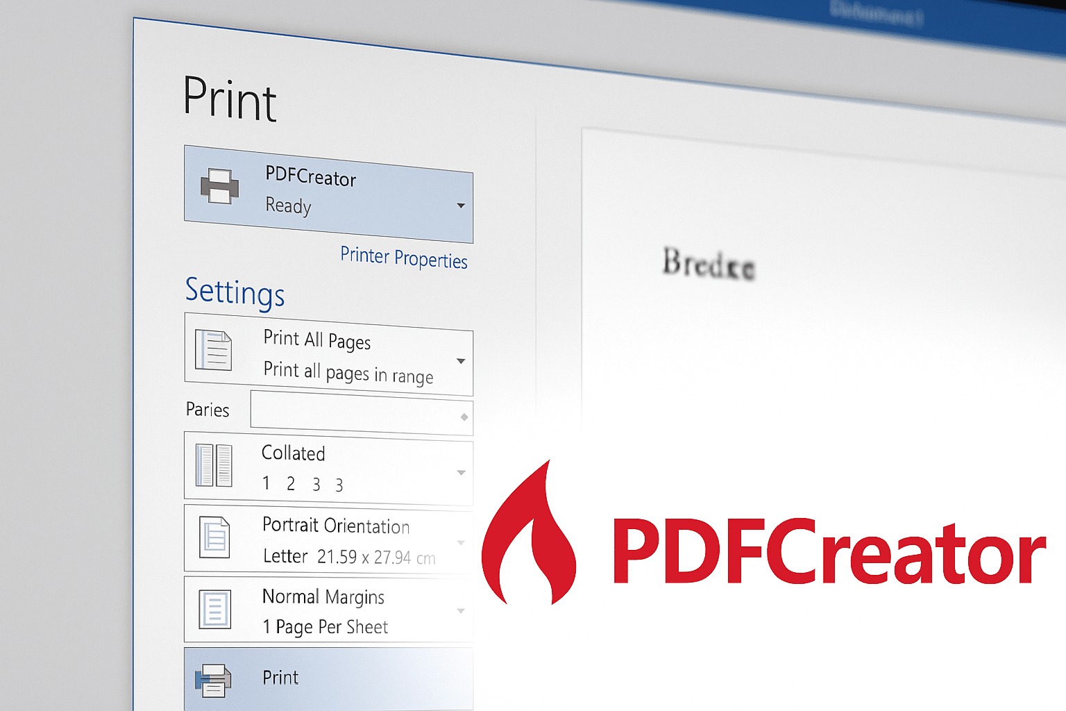 Skriverdialog i Windows med PDFCreator valgt som skriver, samt delvis synlig Word-dokument og PDFCreator-logo i hjørnet.