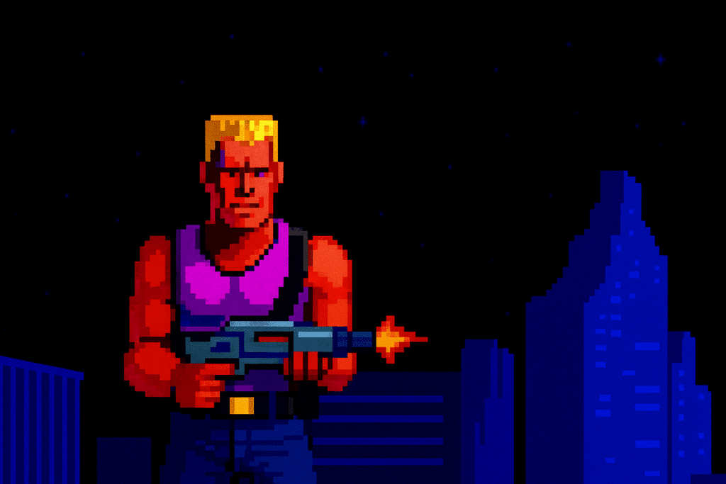Pixel-art billede af Duke Nukem, bevæbnet og klar til kamp, stående foran en mørk bysilhuet med stjerner i baggrunden – i klassisk retro 90’er-stil.