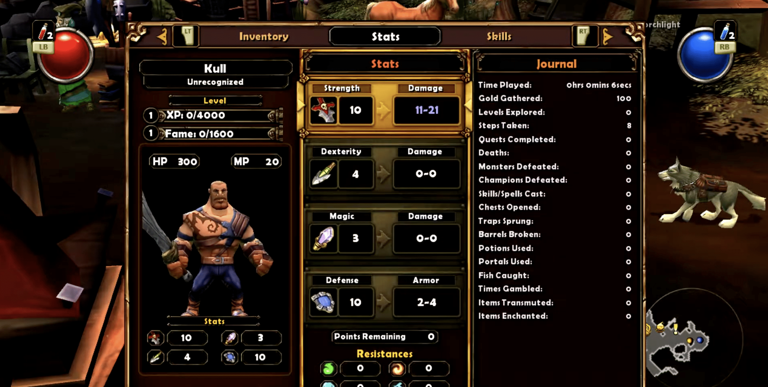 Torchlight gameplay with character stats, inventory menu, and pet visible in town during our test.