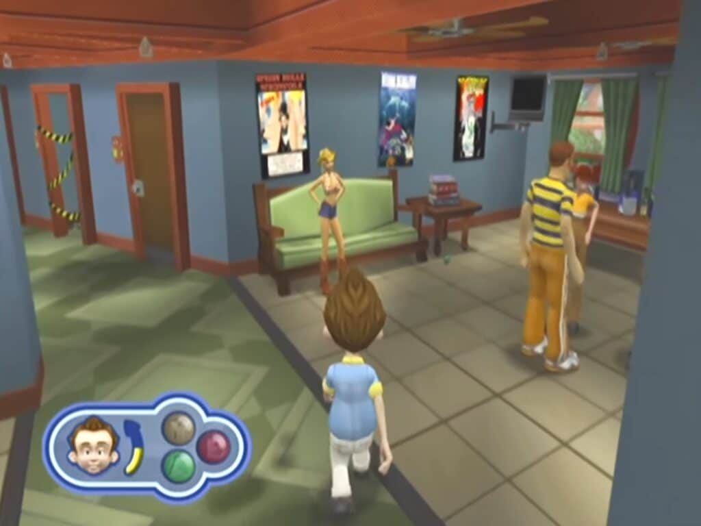 Gameplay fra Leisure Suit Larry: Magna Cum Laude, hvor Larry Lovage bevæger sig rundt i et kollegieområde og interagerer med andre studerende via spillets dialog-system.