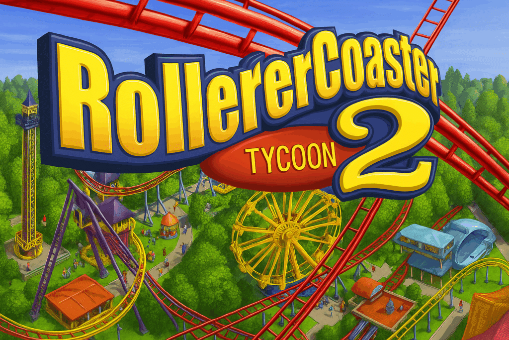 Illustration af en farverig forlystelsespark fra RollerCoaster Tycoon 2 med rutsjebaner, parkgæster, et stort pariserhjul og spillets logo i midten.