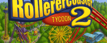 Illustration af en farverig forlystelsespark fra RollerCoaster Tycoon 2 med rutsjebaner, parkgæster, et stort pariserhjul og spillets logo i midten.