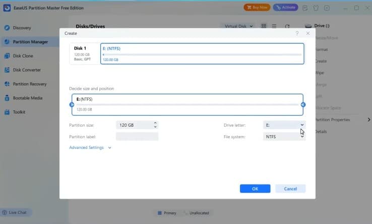 Näyttökuva EaseUS Partition Master Free -ohjelmasta: NTFS-osion luonti ja koon muuttaminen Partition Managerissa Windowsissa.