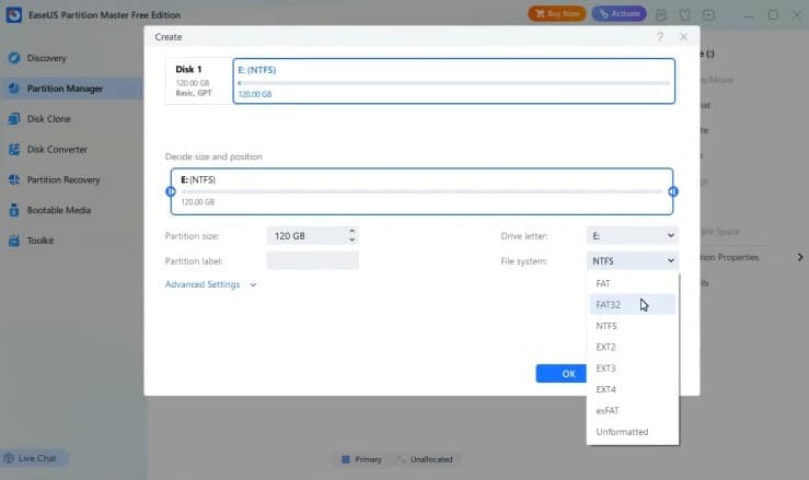 EaseUS Partition Master Free näyttää tiedostojärjestelmän valinnan osion luonnin yhteydessä (NTFS, FAT32, exFAT) Windowsin Partition Managerissa.