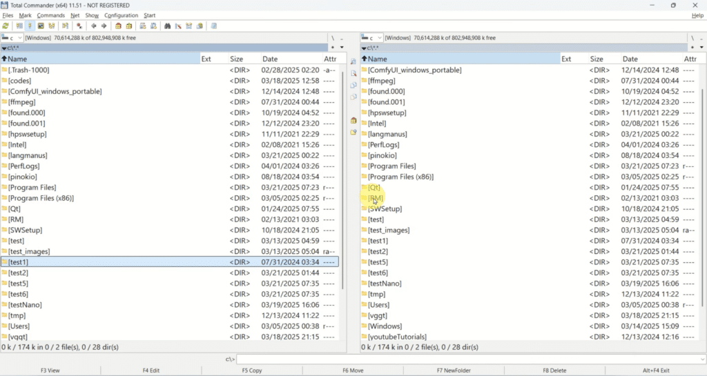 Total Commander open on Windows with the classic dual-pane view, showing folders and system files side by side in the file manager interface.