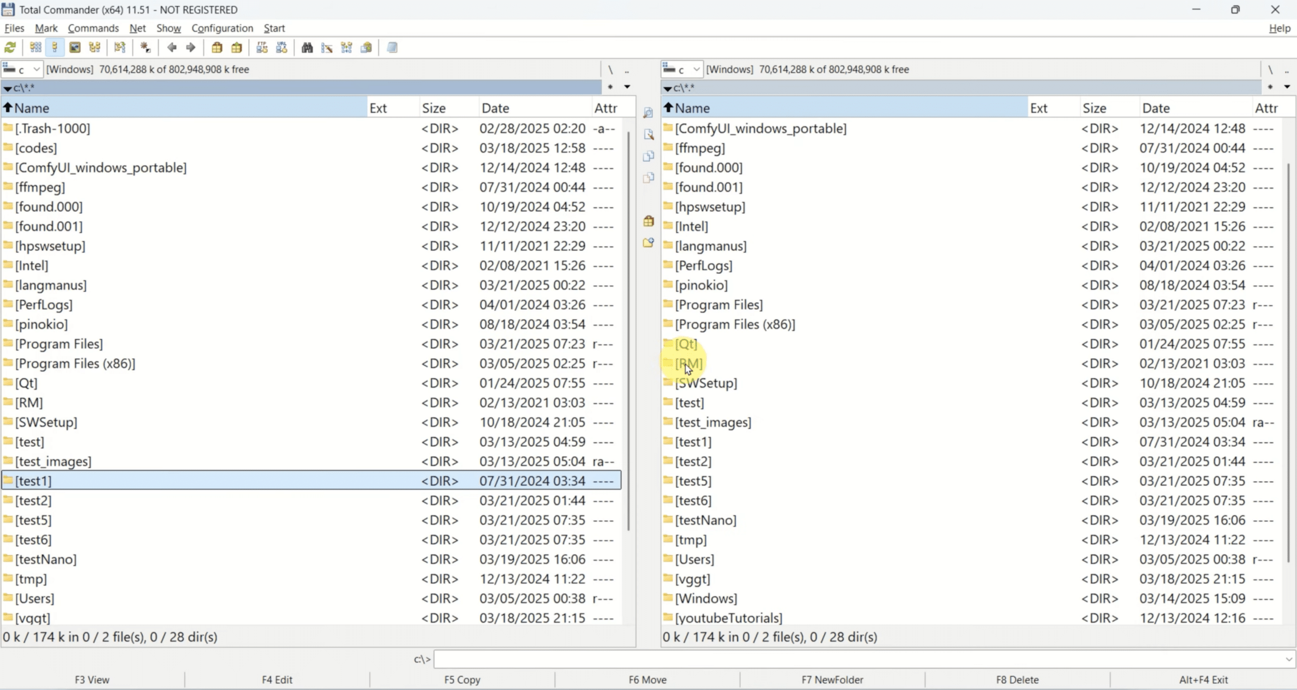 Total Commander geöffnet unter Windows mit klassischer Zwei-Fenster-Ansicht, in der Ordner und Systemdateien im Dateimanager nebeneinander angezeigt werden.