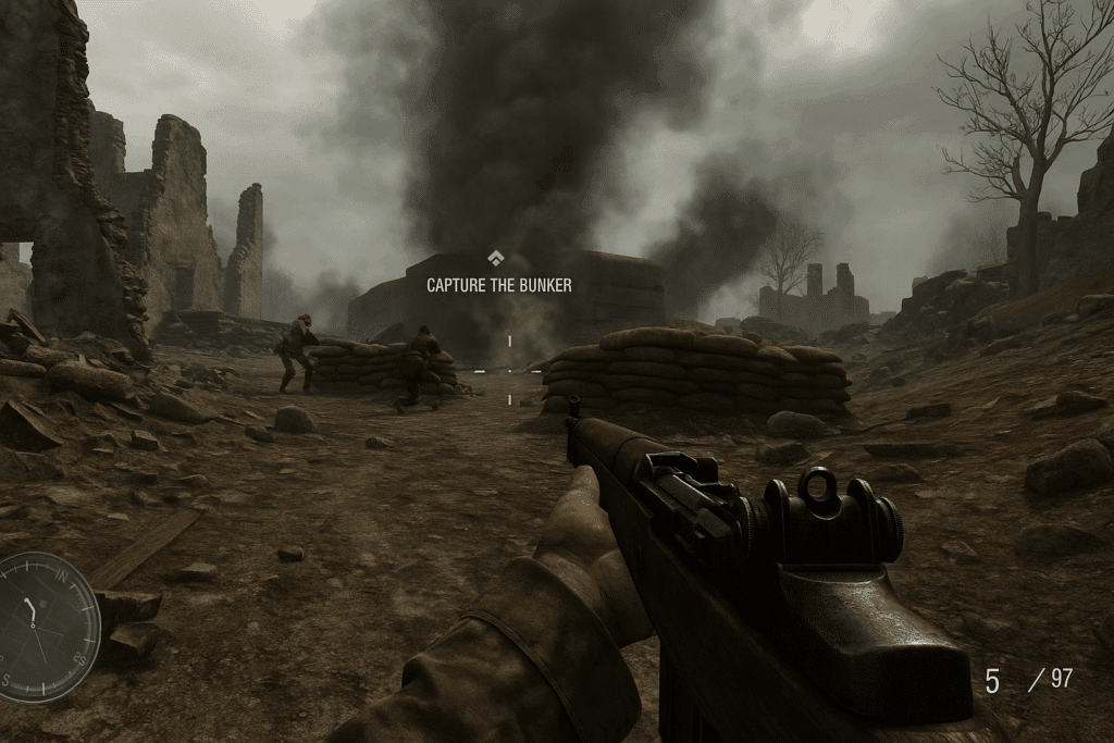 Förstapersonsskärmdump från Call of Duty 2 där spelaren håller ett repetergevär och angriper en bunker omgiven av rök, ruiner och sandsäckar under uppdragsmålet 'Capture the bunker'.