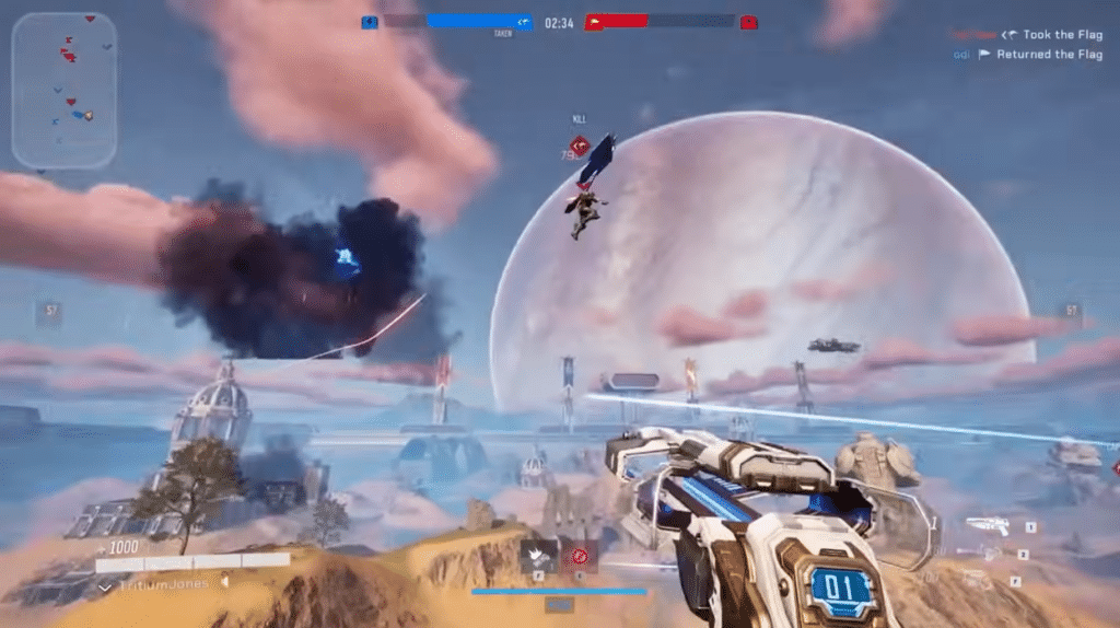 Starsiege: Tribes combat with jetpacks and Capture the Flag. A player flies through the air with the flag while fire is exchanged across a large open map.