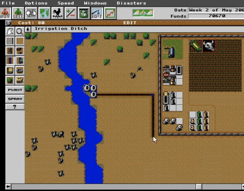 Skærmbillede fra SimFarm med anlæggelse af kunstvandingskanal fra flod til marker i det klassiske DOS-interface.