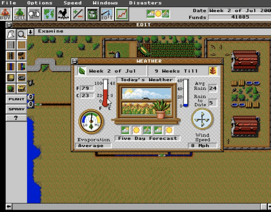 Skærmbillede fra SimFarm, der viser vejrmenuen med temperatur, nedbør, vind og femdagesprognose i det klassiske Maxis-interface.