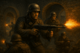 Scenisk digitalt maleri af en gruppe soldater i kamp i en ødelagt europæisk by under Anden Verdenskrig, inspireret af Return to Castle Wolfenstein: Enemy Territory, uden tekst.