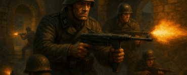 Scenisk digitalt maleri af en gruppe soldater i kamp i en ødelagt europæisk by under Anden Verdenskrig, inspireret af Return to Castle Wolfenstein: Enemy Territory, uden tekst.