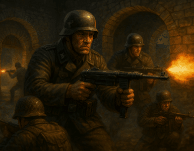 Scenisk digitalt maleri af en gruppe soldater i kamp i en ødelagt europæisk by under Anden Verdenskrig, inspireret af Return to Castle Wolfenstein: Enemy Territory, uden tekst.