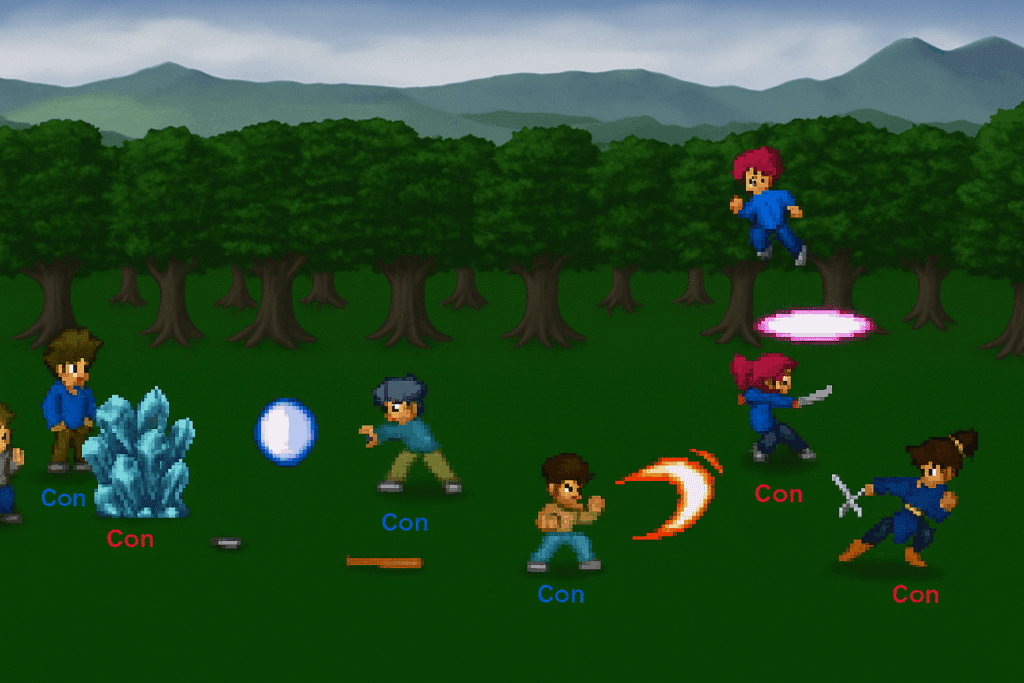 2D pixel-art kampscene fra Little Fighter med seks karakterer i kamp i en skovbaggrund.