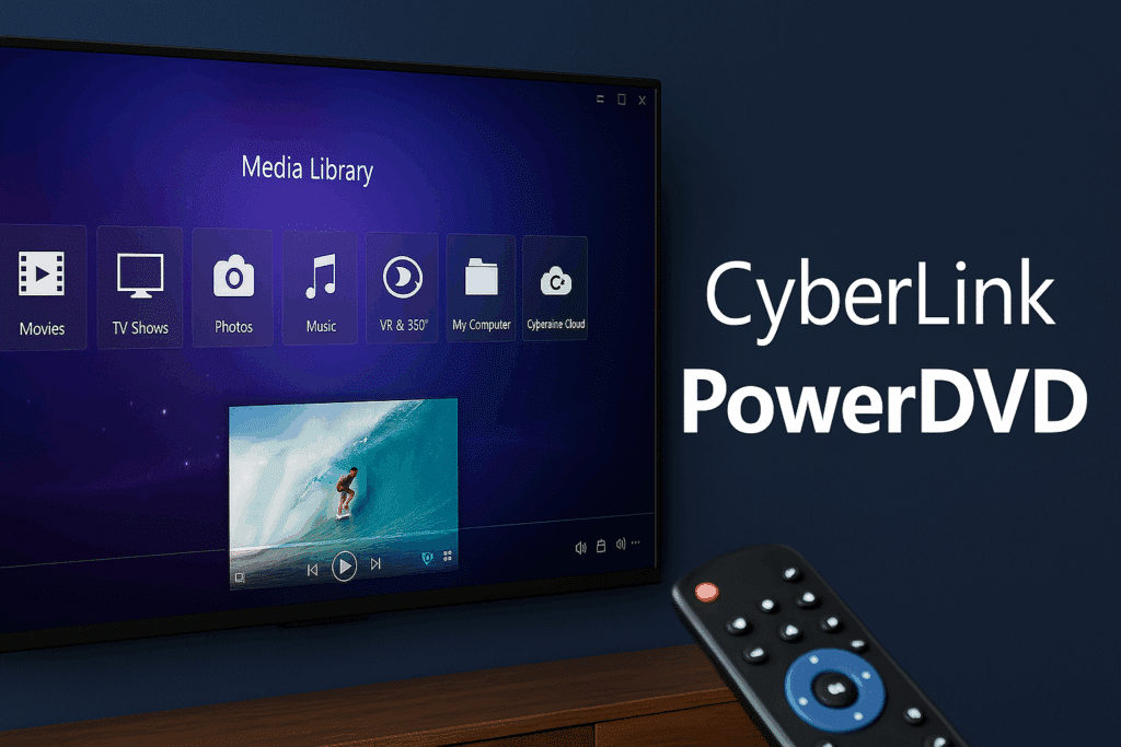 En digital illustration, der viser CyberLink PowerDVD-softwaren i brug på en stor skærm med moderne brugerflade, omgivet af hjemmebiograf-udstyr og visuelle elementer som Blu-ray og 4K-videoikoner.