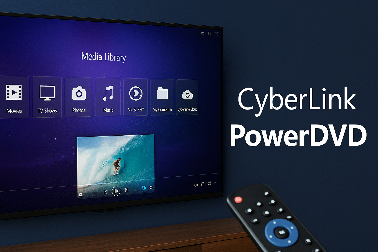 En digital illustrasjon som viser CyberLink PowerDVD i bruk på en stor skjerm med moderne grensesnitt, omgitt av hjemmekinoutstyr og visuelle elementer som Blu-ray- og 4K-videoikoner.