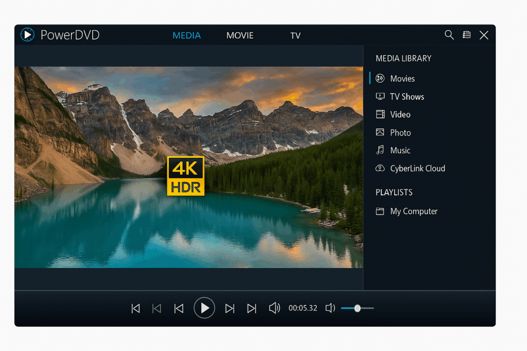 Et digitalt screenshot viser brugerfladen i CyberLink PowerDVD med mediebibliotek, afspillerkontroller og 4K HDR-video i afspilning. Interface-elementerne er tydeligt organiseret og optimeret til PC-brug.