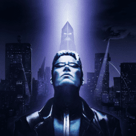 Futuristisk illustration af JC Denton med blå glødende briller foran en dystopisk by med neonlys og mørk himmel – visuelt tema fra Deus Ex: Game of the Year Edition.