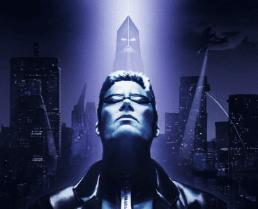 Futuristisk illustration af JC Denton med blå glødende briller foran en dystopisk by med neonlys og mørk himmel – visuelt tema fra Deus Ex: Game of the Year Edition.