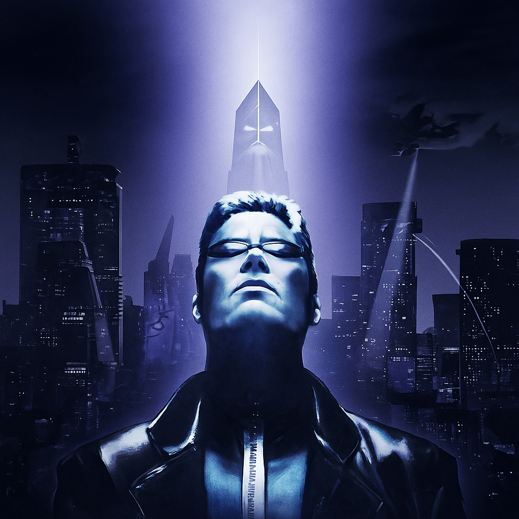 Futuristisk illustration af JC Denton med blå glødende briller foran en dystopisk by med neonlys og mørk himmel – visuelt tema fra Deus Ex: Game of the Year Edition.