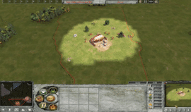Empire Earth II gameplay med en aztekisk civilisation i starten af spillet, hvor basen opbygges på et grønt strategikort.