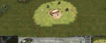 Empire Earth II gameplay med en aztekisk civilisation i starten af spillet, hvor basen opbygges på et grønt strategikort.