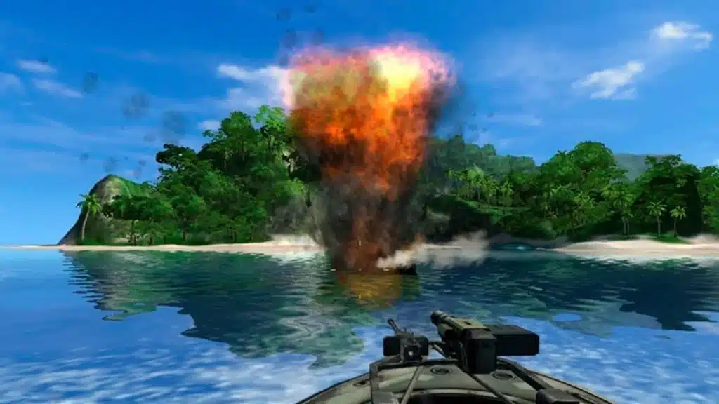Screenshot fra Far Cry, hvor spilleren sejler i en bevæbnet båd tæt på en tropisk ø, mens en stor eksplosion rejser sig op fra stranden i baggrunden.