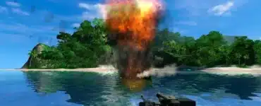 Screenshot fra Far Cry, hvor spilleren sejler i en bevæbnet båd tæt på en tropisk ø, mens en stor eksplosion rejser sig op fra stranden i baggrunden.