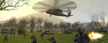 Screenshot fra Soldner – Secret Wars, hvor en enhed af lejesoldater rykker frem under støtte fra helikoptere og kampvogne i et åbent landskab.