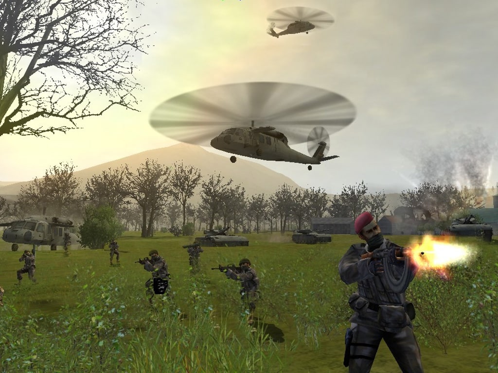 Skjermbilde fra Soldner – Secret Wars, der en enhet av leiesoldater rykker frem med støtte fra helikoptre og stridsvogner i et åpent landskap.