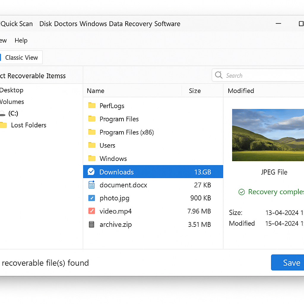 Screenshot af Windows Data Recovery Software fra Disk Doctors, der har fundet slettede billeder m.v., som nu kan genskabes.