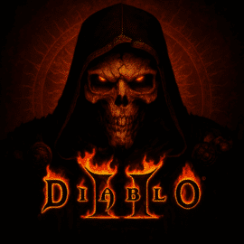 Digitalt maleri af Diablo, Lord of Terror, fra Diablo II – en dyster, kappeklædt dæmon med flammende røde øjne og kranieansigt, omgivet af ild og mørke omgivelser, med titlen 'Diablo II' i gotisk, ild-oplyst skrift.