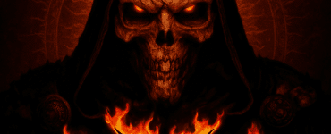 Digitalt maleri af Diablo, Lord of Terror, fra Diablo II – en dyster, kappeklædt dæmon med flammende røde øjne og kranieansigt, omgivet af ild og mørke omgivelser, med titlen 'Diablo II' i gotisk, ild-oplyst skrift.