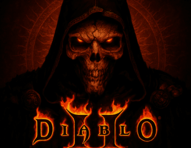 Digitalt maleri af Diablo, Lord of Terror, fra Diablo II – en dyster, kappeklædt dæmon med flammende røde øjne og kranieansigt, omgivet af ild og mørke omgivelser, med titlen 'Diablo II' i gotisk, ild-oplyst skrift.