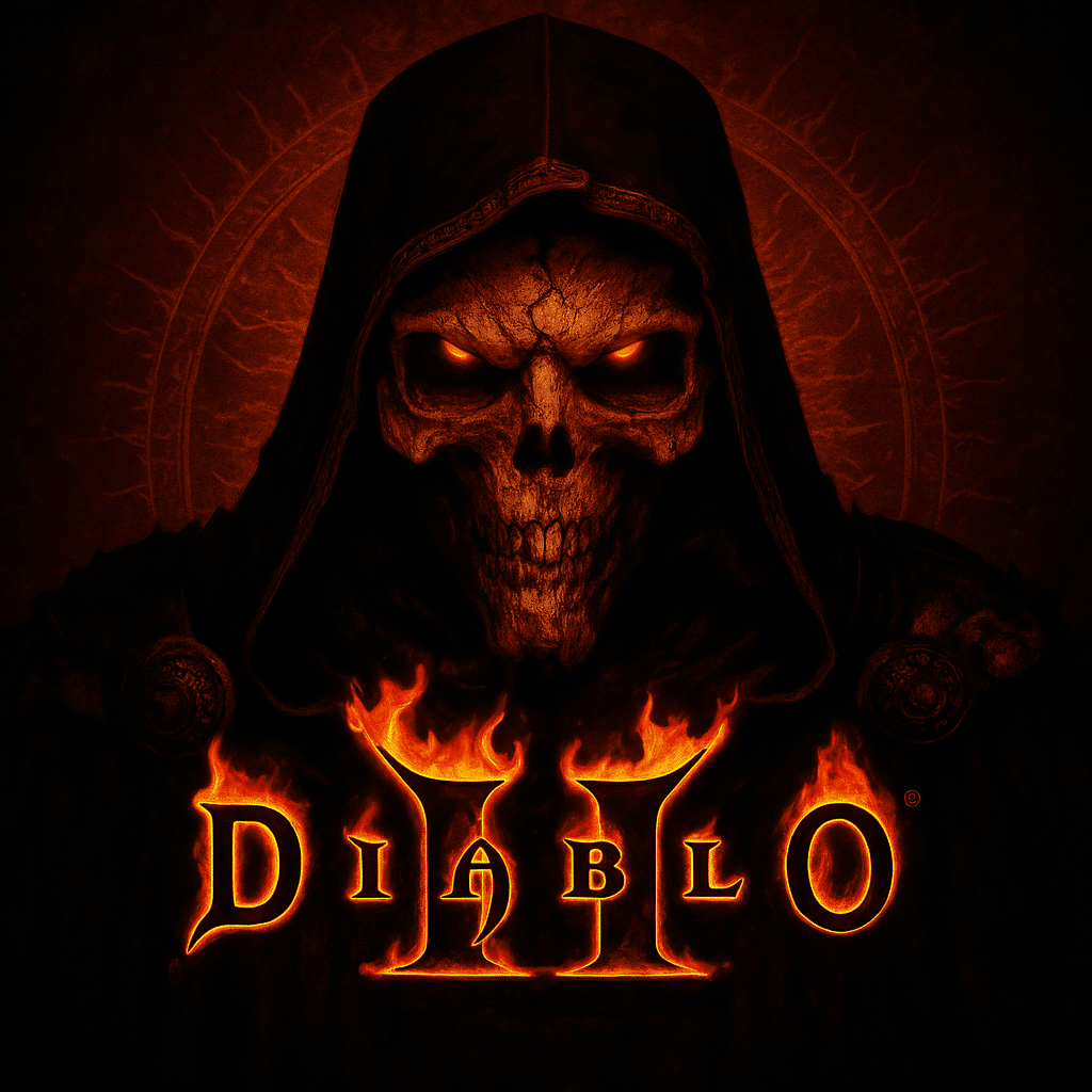 Digitalt maleri af Diablo, Lord of Terror, fra Diablo II – en dyster, kappeklædt dæmon med flammende røde øjne og kranieansigt, omgivet af ild og mørke omgivelser, med titlen 'Diablo II' i gotisk, ild-oplyst skrift.