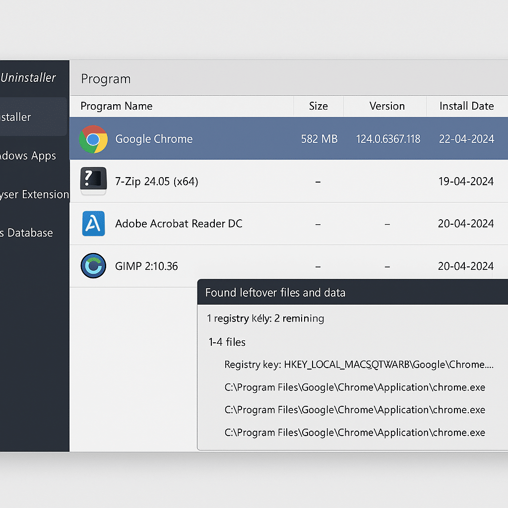 Brugerfladen i Revo Uninstaller med mørkt tema, der viser en liste over installerede programmer som Google Chrome, 7-Zip og GIMP samt et pop op-vindue med fundne restfiler og registreringsnøgler.