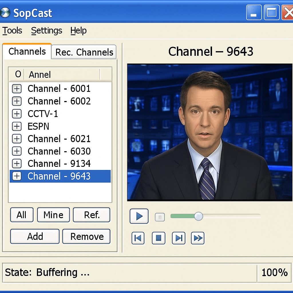 Mockup af SopCast-brugerflade med kanaloversigt til venstre og en nyhedsudsendelse i afspilleren til højre. Klassisk Windows XP-design med bufferingstatus nederst.