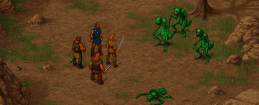 Fire eventyrere kæmper mod Thri-Kreen monstre i Dark Sun 2 pixel-grafik
