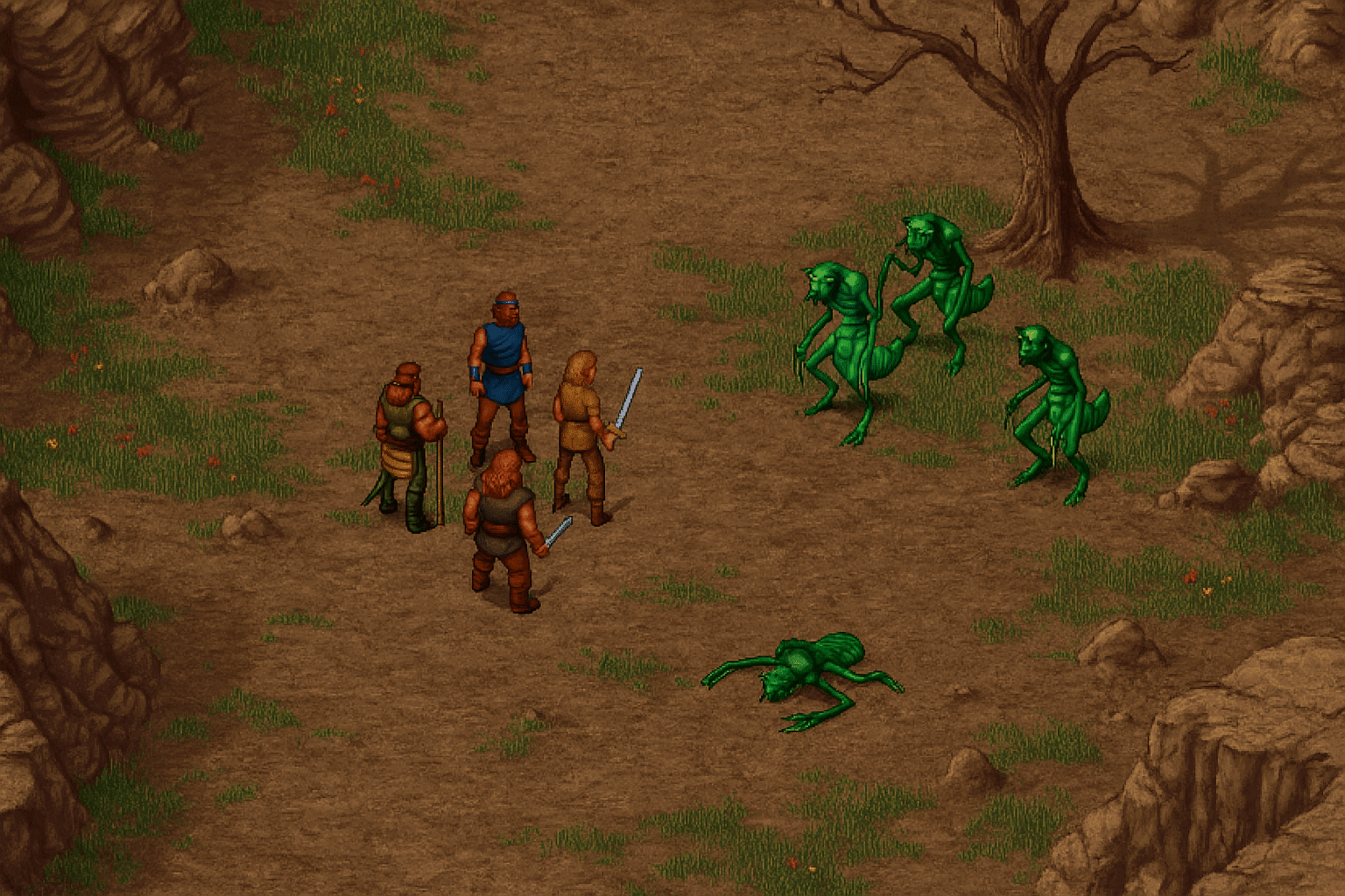 Fire eventyrere kjemper mot Thri-Kreen-monstre i Dark Sun 2-pikselgrafikk