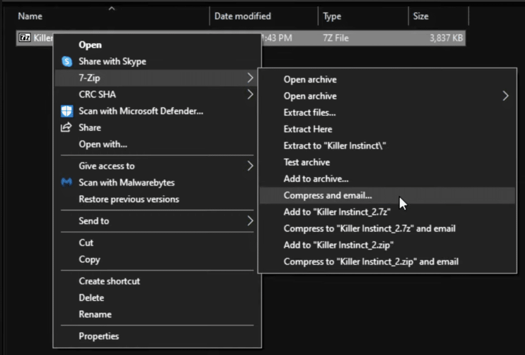 7-Zip kontekstmenu i Windows 11 under test, hvor muligheder for udpakning, komprimering og arkivtest vises direkte fra højreklik-menuen