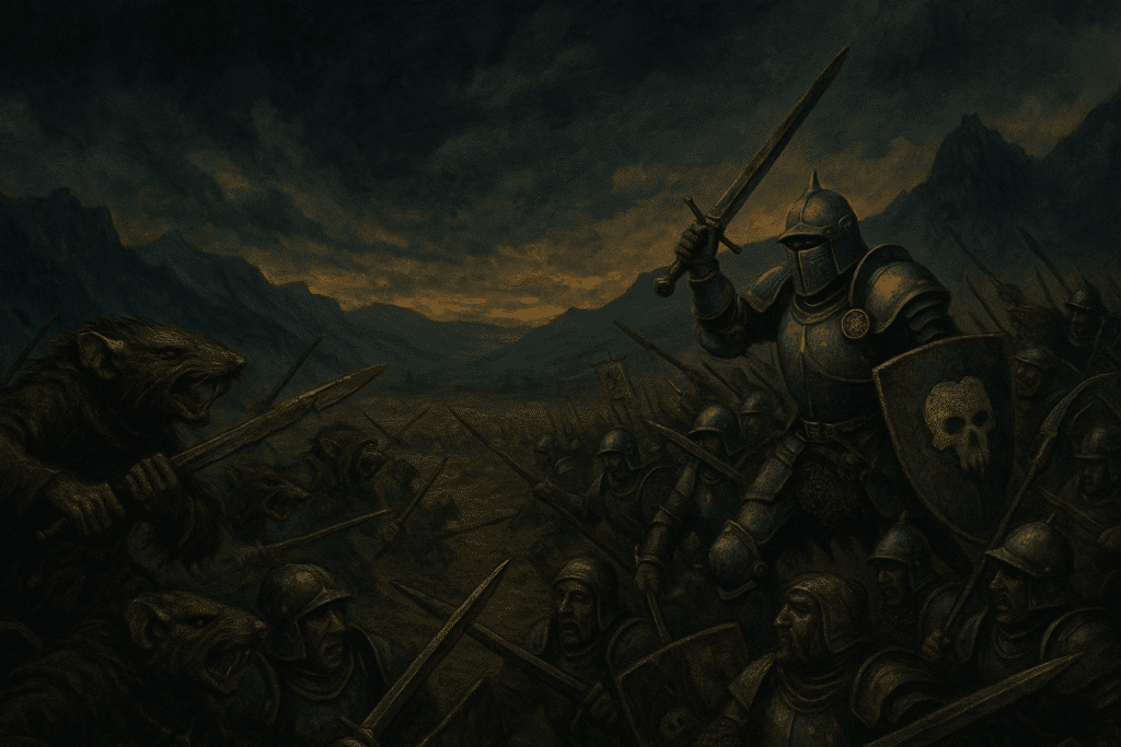 Slagscene i mørk fantasy-stil med riddere i kamp mod rotteagtige væsner i en tåget dal under en stormfuld himmel.