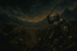 Slagscene i mørk fantasy-stil med riddere i kamp mod rotteagtige væsner i en tåget dal under en stormfuld himmel.