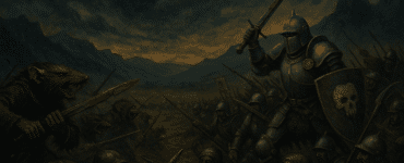 Slagscene i mørk fantasy-stil med riddere i kamp mod rotteagtige væsner i en tåget dal under en stormfuld himmel.