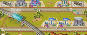 Skærmbillede fra Hotel Mogul Las Vegas, hvor spilleren bygger og opgraderer hoteller langs veje og jernbane for at øge indtjening og gæstetilfredshed.