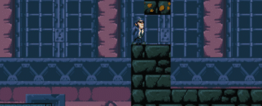 Skærmbillede fra The Blues Brothers – Jukebox Adventure, hvor Jake står på en platform i en industriel DOS-bane med klassisk pixelgrafik.