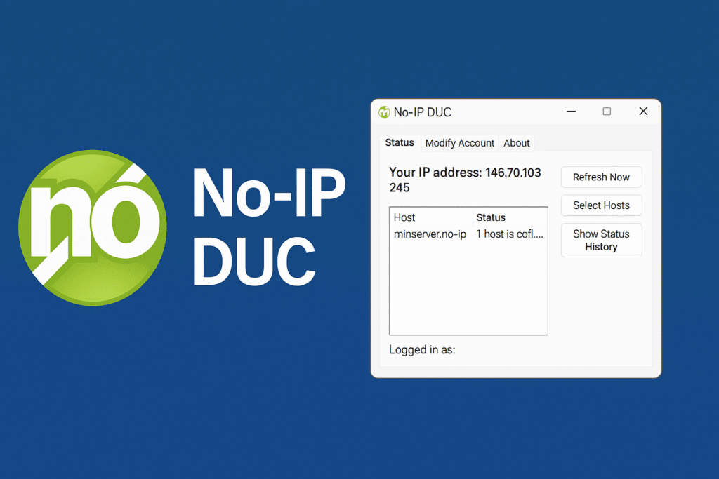Skærmbillede af No-IP DUC-programmet med statusvisning af IP og hostnavn, flankeret af No-IP’s grønne logo og programtitel på blå baggrund.